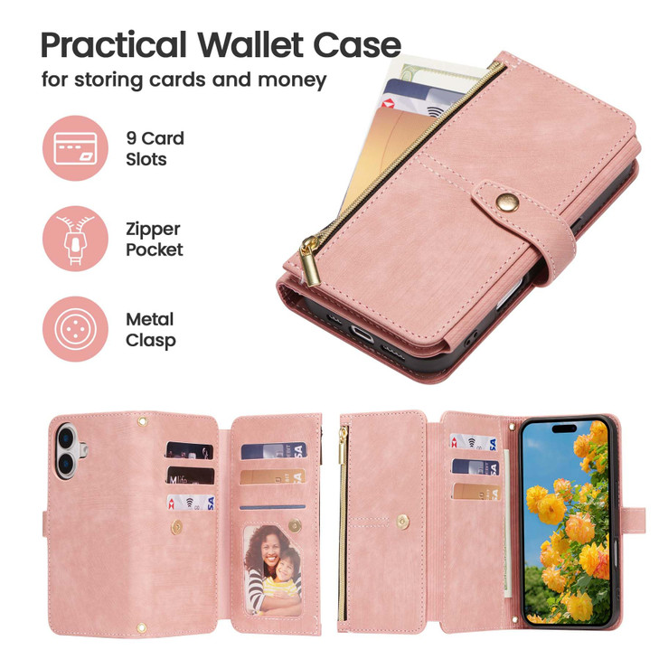 ZCDAYE for iPhone 16 Plus Wallet Case with Strap, iPhone 16 Plus Crossbody Case with Card Holder for Women, Zipper Leather Wristle Strap Flip Cover f