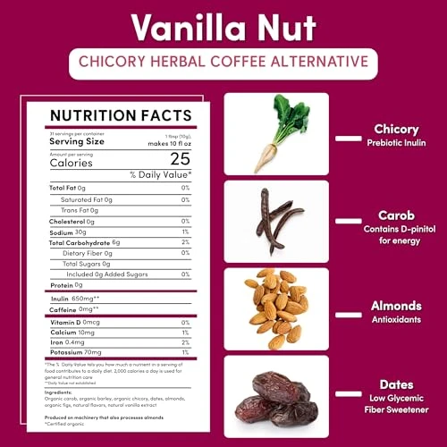 Teeccino Vanilla Nut Chicory Coffee Alternative Caffeine Free Grnd 11 Oz