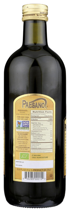 Paesanol Organic Extra Virgin Olive Oil Unfiltered 33.8 Fl Oz 1L