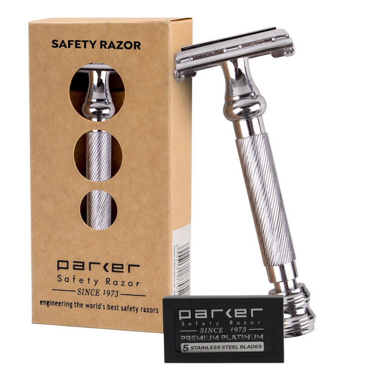 Parker 99R Chrome Double Edge Safety Razor For Men With 5 De Blades