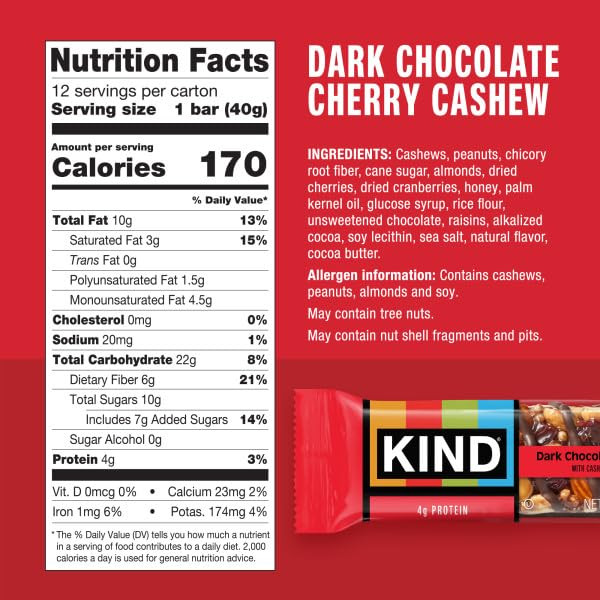 Kind Healthy Snacks Bars Dark Chocolate Cherry Cashew Gluten Free High Fiber Snacks 4G Protein 12 Count