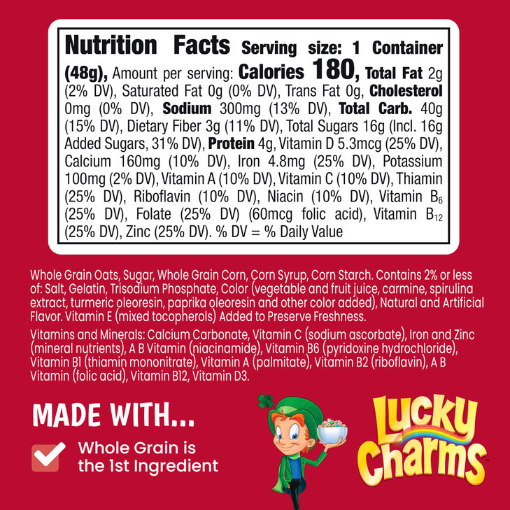Lucky Charms Cereal With Marshmallows 12 Single Serve Cereal Cups 1.7 Oz