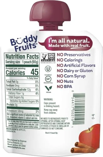 Buddy Fruits Snacks To Go Cinnamon Unsweetened Applesauce 3.2Oz Pouch 18Pk Gluten Nut Dairy Preservatives Bpa Free Non Gmo Kosher