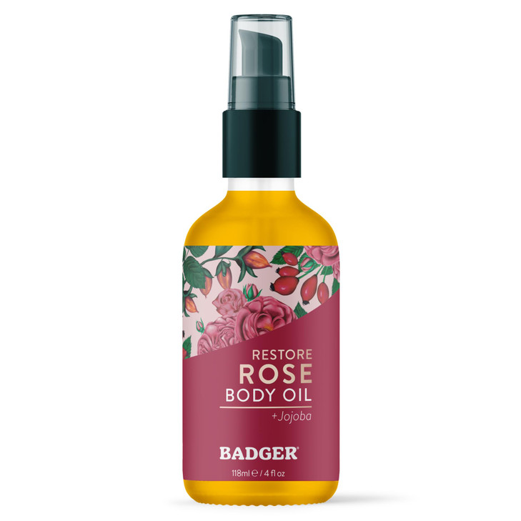 Badger Organic Rose Body Oil Jojoba And Pomegranate 4 Fl Oz Glass Bottle