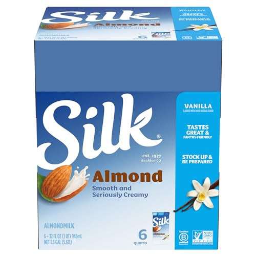 Silk Shelf Stable Almond Milk Vanilla Dairy Free Vegan Non Gmo Project Verified 1 Quart Pack Of 6
