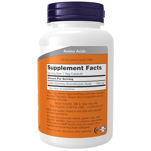 NOW Foods Supplements, GABA (Gamma-Aminobutyric Acid) 750mg, Neurotransmitter Support*, 100 Veg Capsules