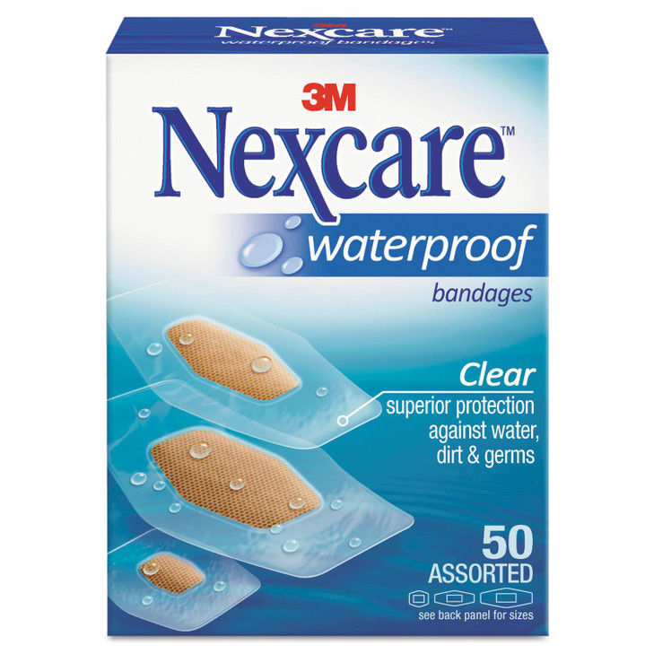 Nexcare Waterproof Clear Bandages Assorted Sizes, 50 Bandages