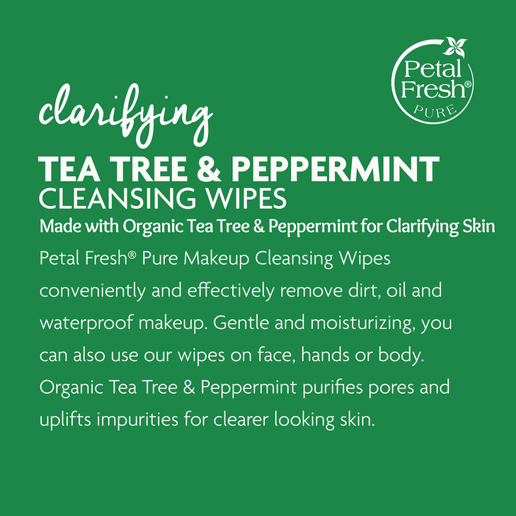 Petal Fresh Clarifying Tea Tree & Peppermint Makeup Removing, Cleansing Towelettes, Gentle Face Wipes, Daily Cleansing, Vegan and Cruelty Free, 60 co