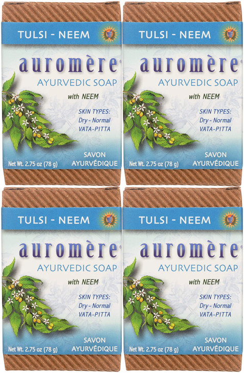 Auromere Ayurvedic Bar Soap Tulsi Neem Eco Friendly Handmade Vegan Cruelty Free Natural Non Gmo 2.75 Oz 4 Pack