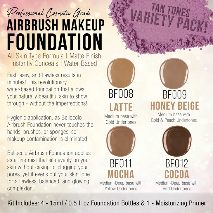 Belloccio Tan Color Shade Airbrush Makeup Foundation Set 4 Colors
