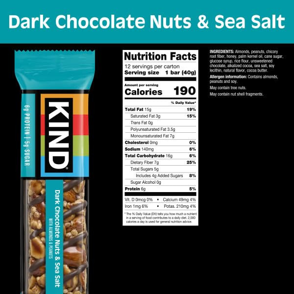 Kind Healthy Snacks Bars Dark Chocolate Nuts And Sea Salt Gluten Free Low Sugar High Fiber Snacks 6G Protein 12 Count