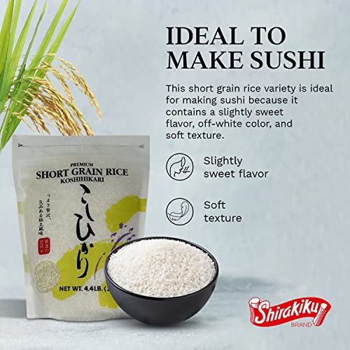 Shirakiku Dried Grains And Rice Japanese Style Short Grain White Koshihikari Uncooked Premium Quality Sweet Sticky Sushi Rice 4.4 Pounds Bag