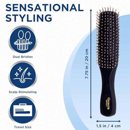 Giorgio Gentle Black Full Size Hair Brush 7.75 Inch Men Women And Kids Soft Bristles For Sensitive Scalp Detangler Brush Scalp Massager Wet