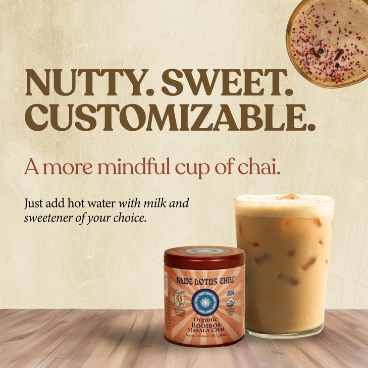 Blue Lotus Chai Rooibos Flavor Masala Chai Makes 65 Cups 2 Ounce Masala Spiced Chai Powder With Organic Spices Instant Indian Tea No