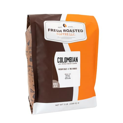 Fresh Roasted Coffee 100 Percent Colombian Whole Bean Coffee Medium Roast Kosher 5 Lb 80 Oz