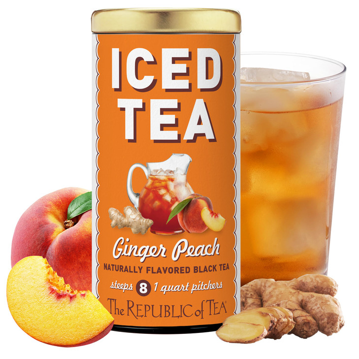 The Republic Of Tea Ginger Peach Black Iced Tea Bags 8 Large Quart Sized Iced Tea Pouches Naturally Caffeinated