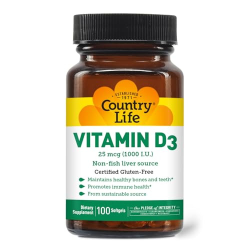 Country Life Vitamin D3, Non-Fish 1000 IU, 100 Softgels, Certified Gluten Free