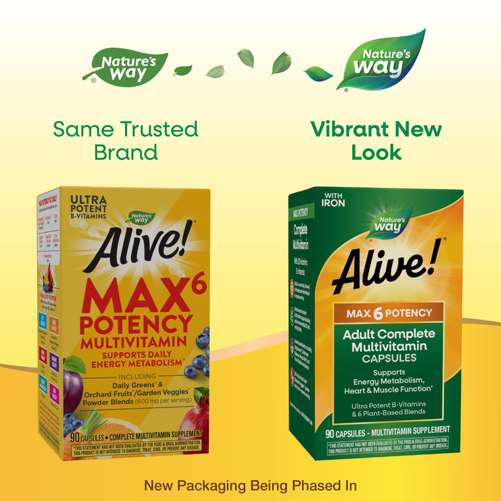 Nature's Way Alive! Max6 Potency Adult Complete Multivitamin, with Iron, Vitamins A, C, E & B-Vitamins Including Methylated B12 & Folate, Supports En
