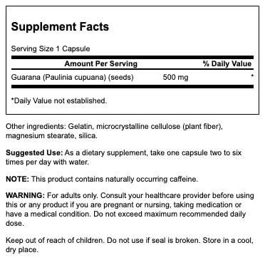 Swanson Guarana 500 Milligrams 100 Capsules