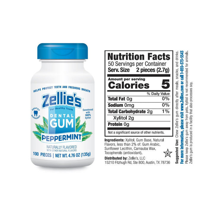 Zellie S 100 Percent Xylitol Peppermint Chewing Gum No Aspartame Gluten Free Vegan And Kosher 100 Count Pack Of 1
