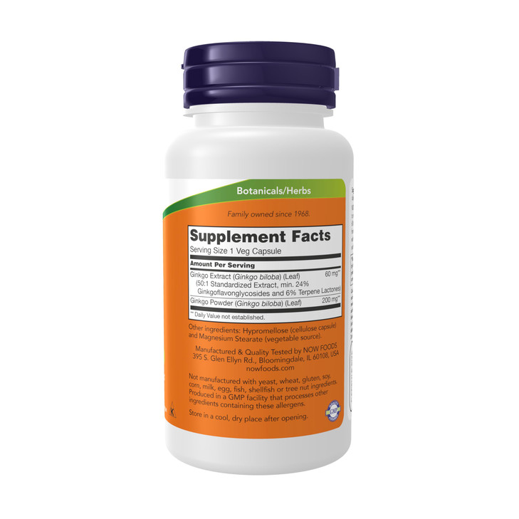 NOW Foods Supplements, Ginkgo Biloba 60 mg, 24% Standardized Extract, Non-GMO Project Verified, 120 Veg Capsules