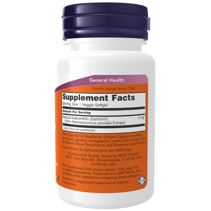 NOW Foods Supplements, Astaxanthin 4 mg, features Zanthin®, Supports Eye Health*, 60 Veg Softgels