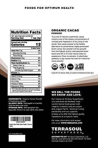Terrasoul Superfoods Raw Organic Cacao Powder 16 Oz Rich Chocolate Goodness For Baking Smoothies And Blissful Hot Cocoa