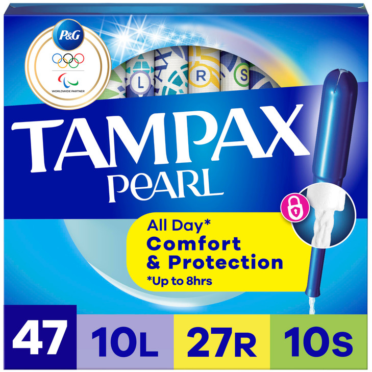 Tampax Pearl Tampons for Women Multipack, with LeakGuard Braid, Light/Regular/Super Absorbency, Unscented, 47 Count