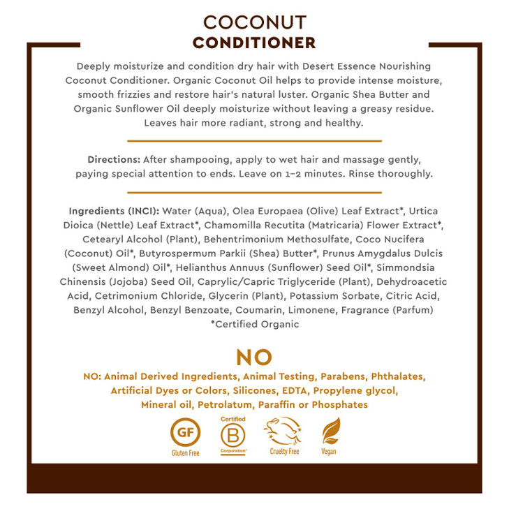 Desert Essence Coconut Conditioner - 8 fl oz - Nourishing for dry hair, smooth frizz and restore moisture and shine with Organic Coconut Oil, Shea Bu