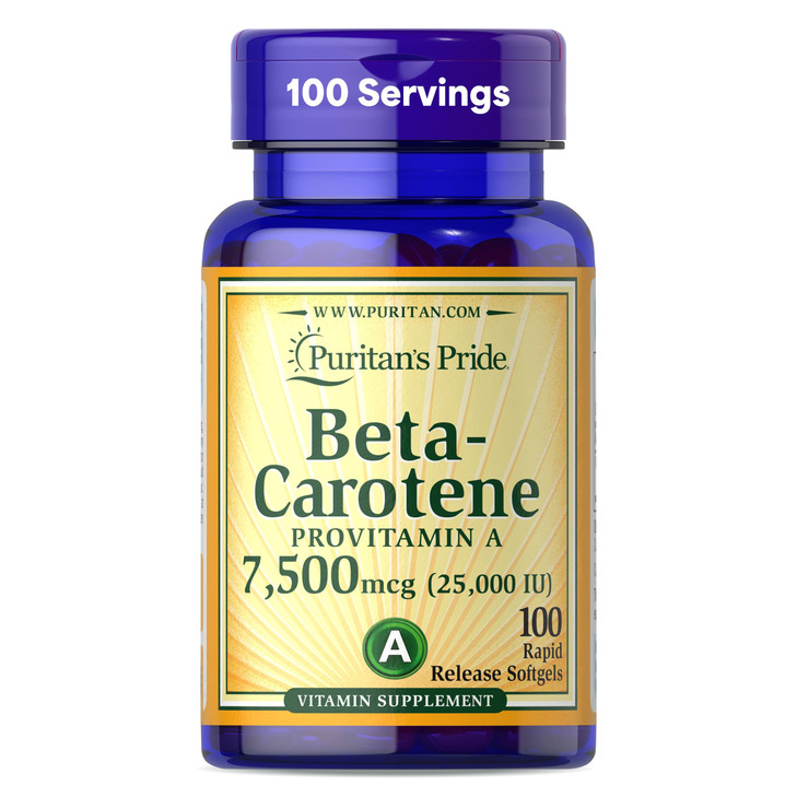 Puritan's Pride Beta Carotene Provitamin A 7,500mcg (25,000 IU), Vitamin Supplement for Immune System, Antioxidant and Eye Health Support, 100 Day Su