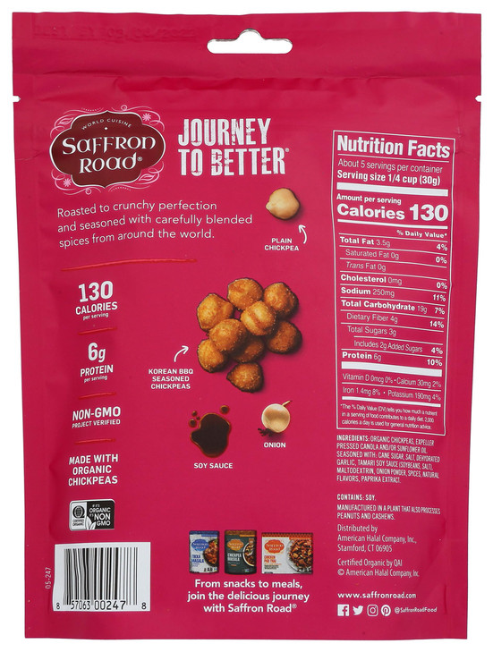 Saffron Road Korean Bbq Crunchy Chickpea Snack 6Oz Gluten Free Non Gmo Halal Kosher Vegan