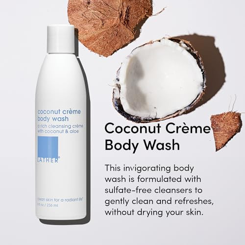 Lather Coconut Crème Natural Body Wash 8 Fl Oz Shower Gel Cleanser Gentle Body Soap Essential Oils Coconut Oil Aloe Shea Butter All Skin