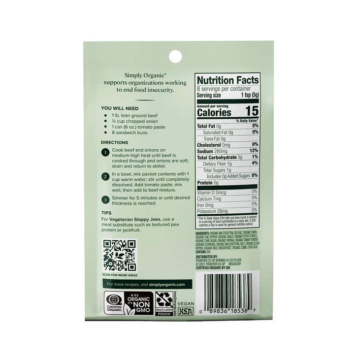 Simply Organic Sloppy Joe Certified Organic Kosher Chili Mixes 1.41 Ounce Pack Of 4