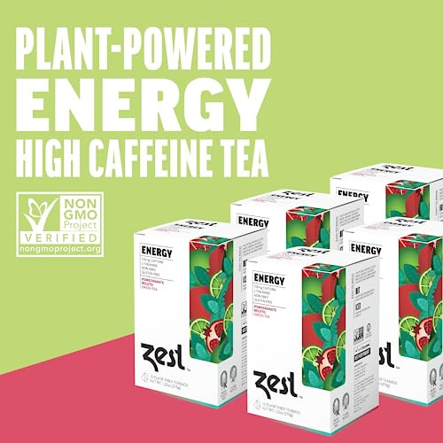 Zest Energy Green Tea Pomegranate Mojito High Caffeine Tea Bags For Focus And Morning Energy Natural Caffeinated Tea With 135Mg Caffeine