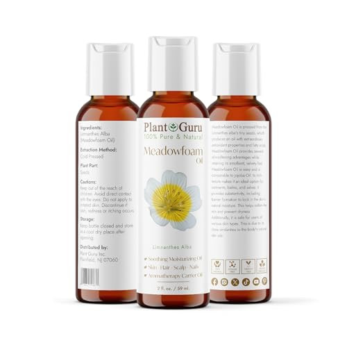 Plant Guru Meadowfoam Oil 2 Fl. Oz. Cold Pressed 100 Percent Pure Natural Carrier Skin Face Body And Hair Moisturizer.