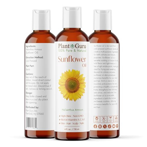 Plant Guru Sunflower Oil 4 Fl Oz Cold Pressed 100 Percent Pure And Natural Carrier For Skin Face Body Hair And Cooking.