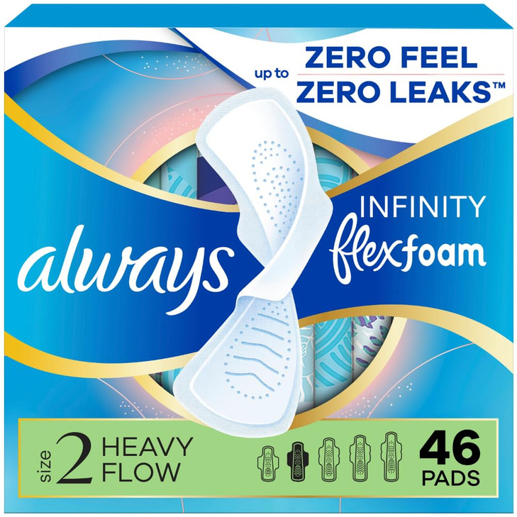 Always Infinity Feminine Pads for Women, Flexfoam Pads with Wings, Size 2, Heavy Absorbency, Unscented, 46 Count