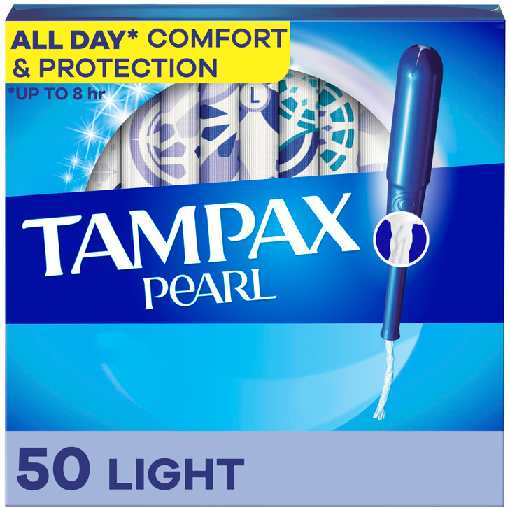 Tampax Pearl Tampons Light Absorbency with BPA-Free Plastic Applicator and LeakGuard Braid, Unscented, 50 Count