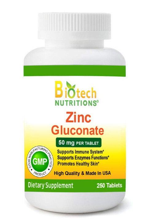 Biotech Nutritions Zinc Gluconate 50 mg 250 Tablets Made in USA Vegetarian/Vegan Zinc Gluconate