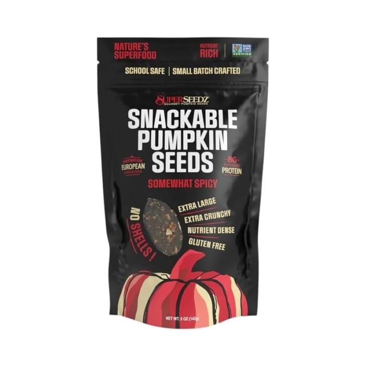 Superseedz Dry Roasted Pumpkin Seeds Somewhat Spicy W 8G Protein 5Oz Bag