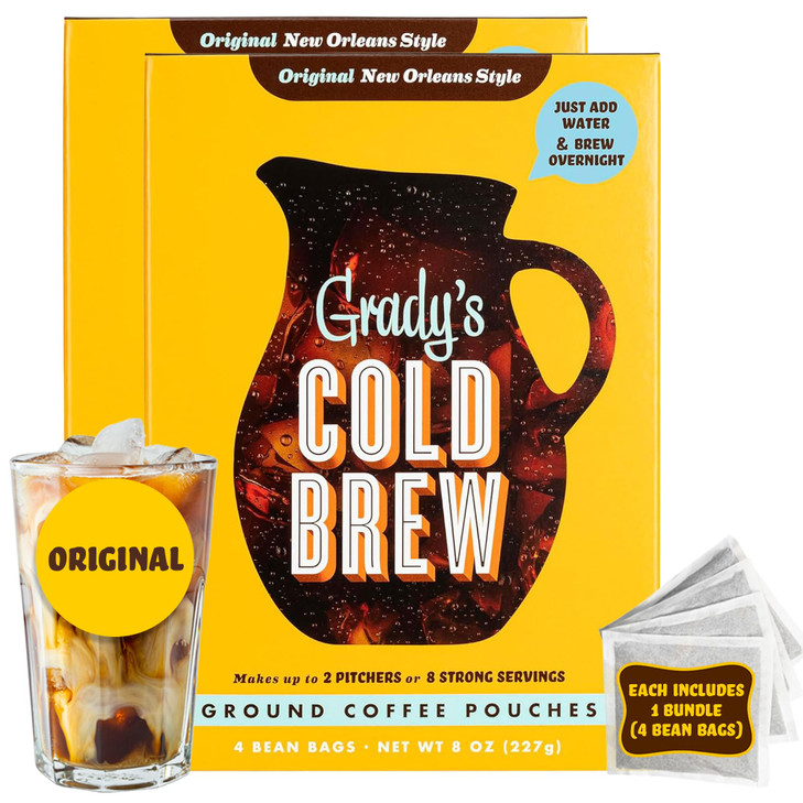 Grady S Cold Brew New Orleans Style 100 Percent Arabica Ground Coffee And Chicory Pouches Two Boxes Of Four Easy To Brew Bean Bags Makes 24