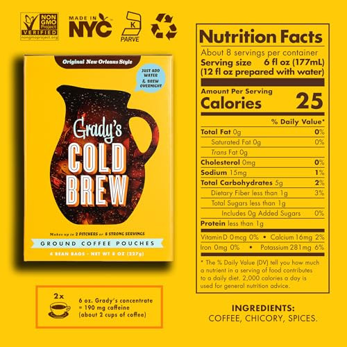 Grady S Cold Brew New Orleans Style 100 Percent Arabica Ground Coffee And Chicory Pouches Two Boxes Of Four Easy To Brew Bean Bags Makes 24