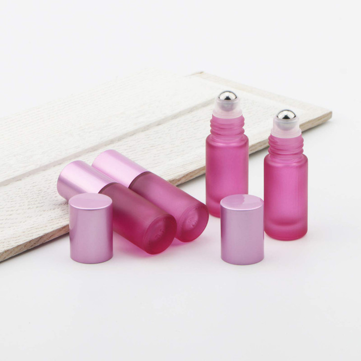 Kesell 10 Pack - 5ml Refillable Frosted Glass Roller Bottles Vials with Stainless Steel Roller Ball and Aluminum Cap - Pink Color
