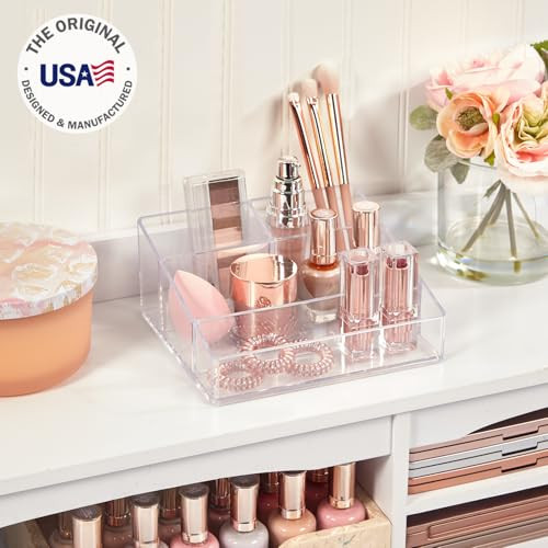 Stori Clear Plastic Small Countertop Vanity Makeup Organizer Compact Rectangular 4 Compartment Holder For Brushes Eyeshadow Palettes And