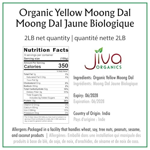 Jiva Organic Yellow Moong Dal 2 Lb Non Gmo Gluten Free Great For Kitchari Split Yellow Mung Beans