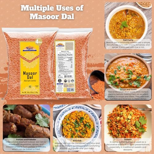 Rani Masoor Dal Indian Red Lentils Split Gram 64Oz 4Lbs 1.81Kg Bulk All Natural Gluten Friendly Non Gmo Kosher Vegan Indian Origin