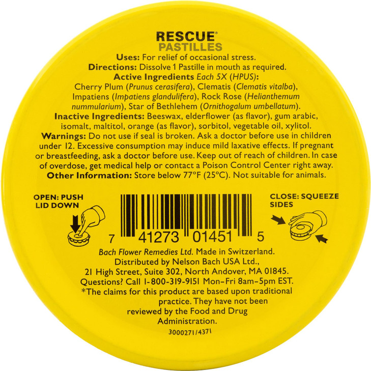 Bach RESCUE PASTILLES, Orange and Elderflower Flavor, Natural Stress Relief Lozenges, Homeopathic Flower Essence, Vegetarian, Gluten & Sugar-Free, Ho