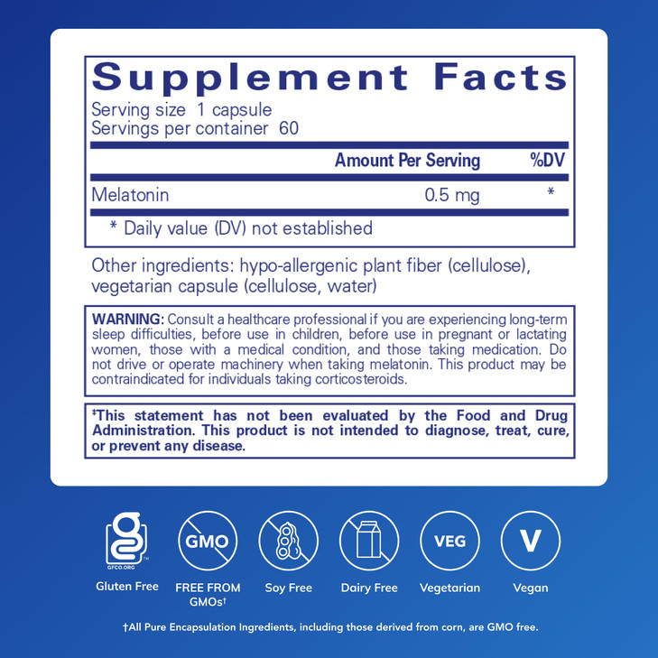 Pure Encapsulations Melatonin 0.5 mg - Natural Sleep Helper for Bedtime - Regulates Sleep-Wake Cycle - 0.5 mg Melatonin - Vegan & Non-GMO - 60 Capsul