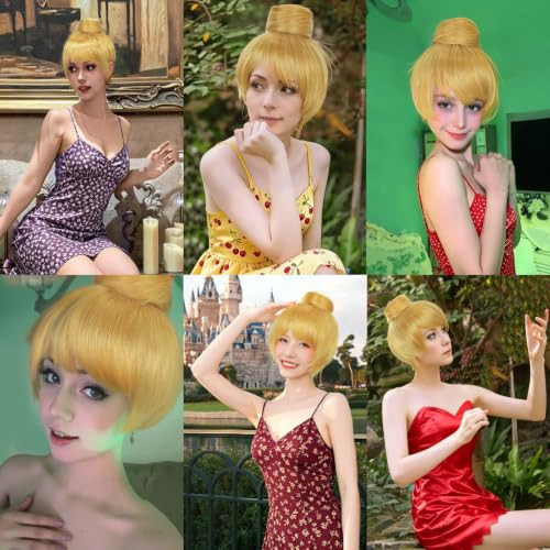 Anogol Short Blonde Wig With Bun Women Golden Updo Wigs Gold Cosplay Wig