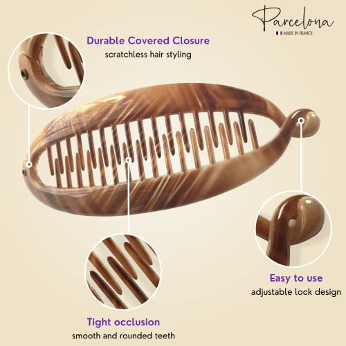 Parcelona French Beige In The Air Light Tortoise Shell 5.5 Celluloid Interlocking Ponytail Holder Strong No Slip Clips Fishtail Flexible